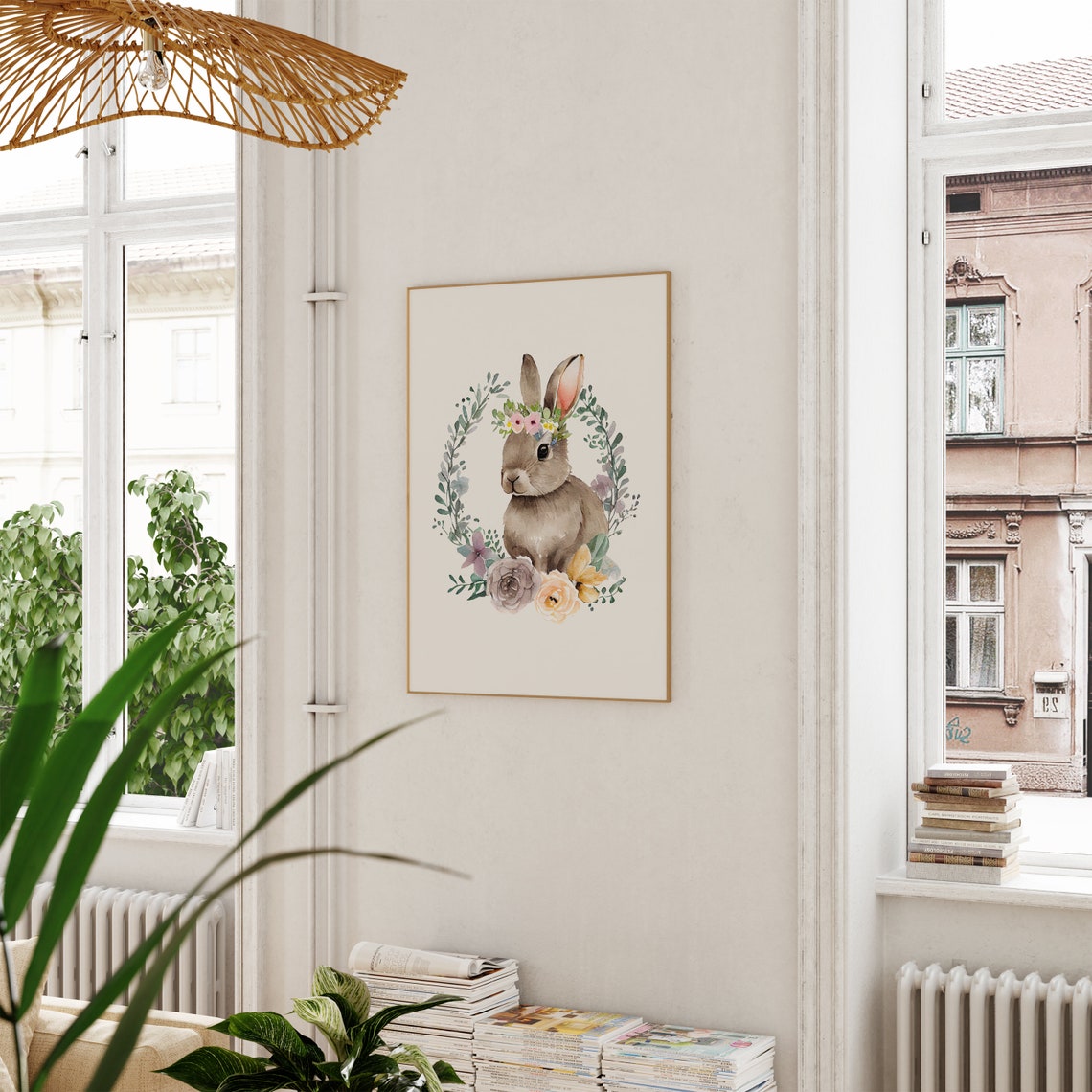 Watercolor Bunny With Flower Crown Inside Floral Wreath Poster - Image 2