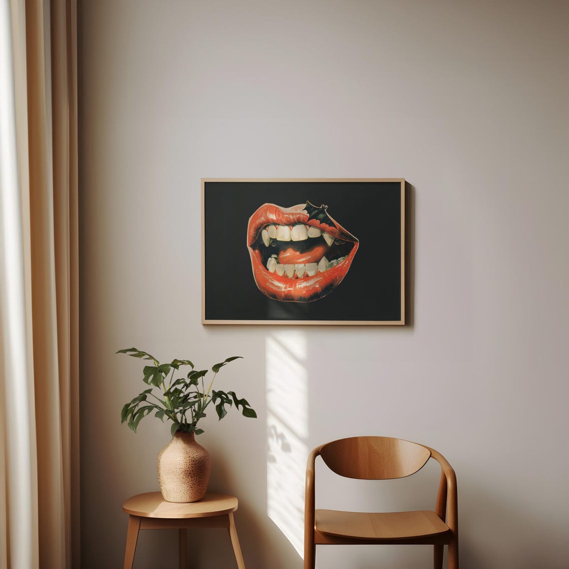 Red Vampire Lips With Fangs And Bat Retro Horror Halloween Poster - Image 2