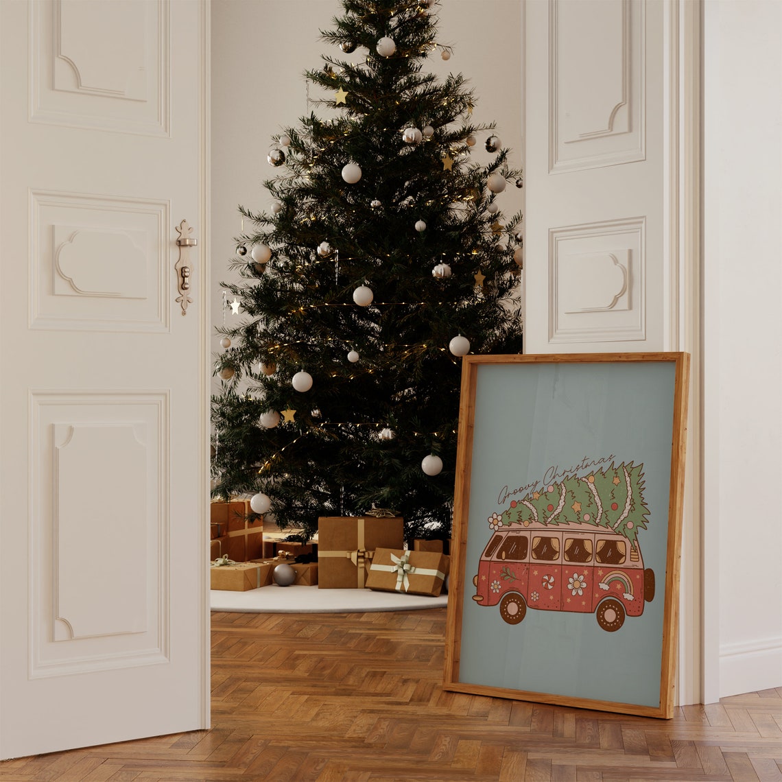 Groovy Christmas Retro Van Carrying Trees Colorful Holiday Poster - Image 3