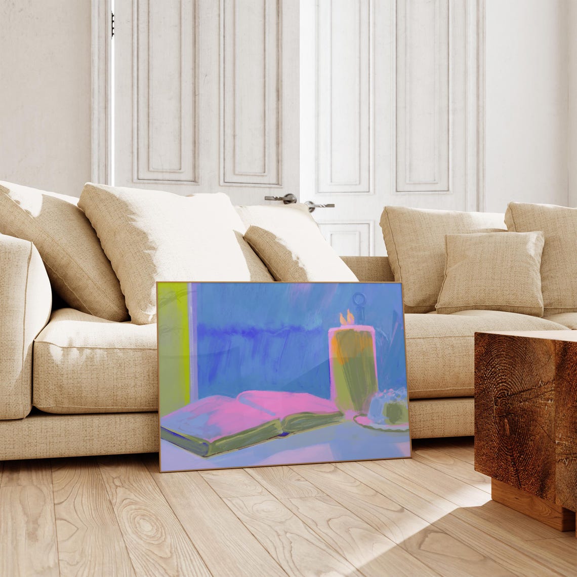 Cozy Reading Nook Open Book Candle Blue Night Window Art Poster - Image 3