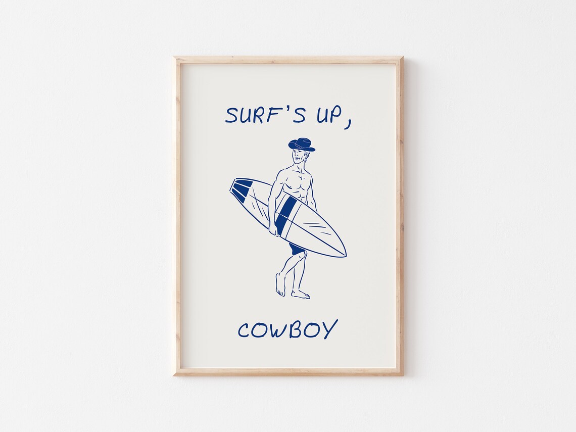 Surfs Up Cowboy Navy Line Art Surfer With Surfboard Beach Poster - Image 4