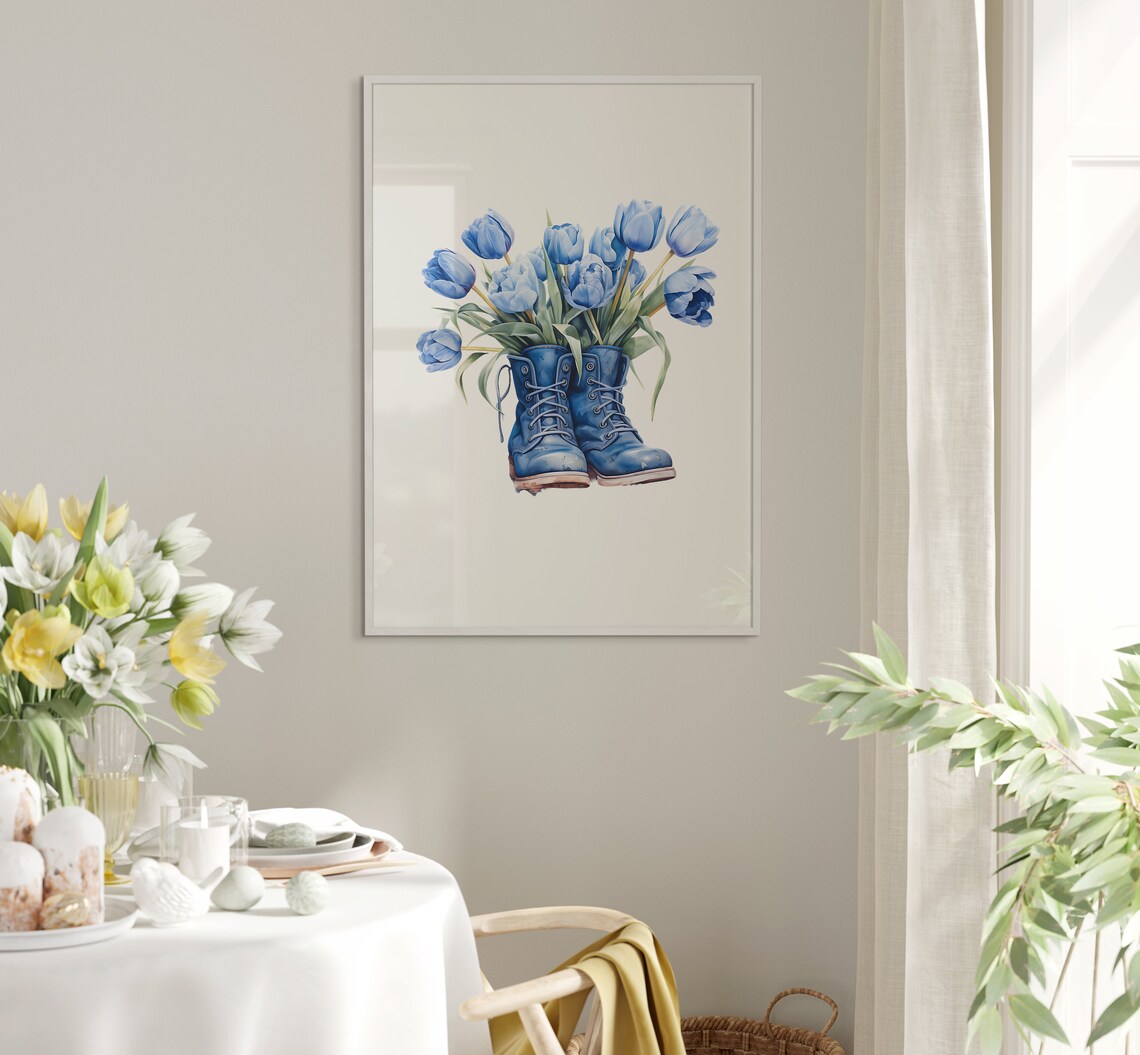 Boots With Flowers Blue Tulip Watercolor Art Print - Image 5
