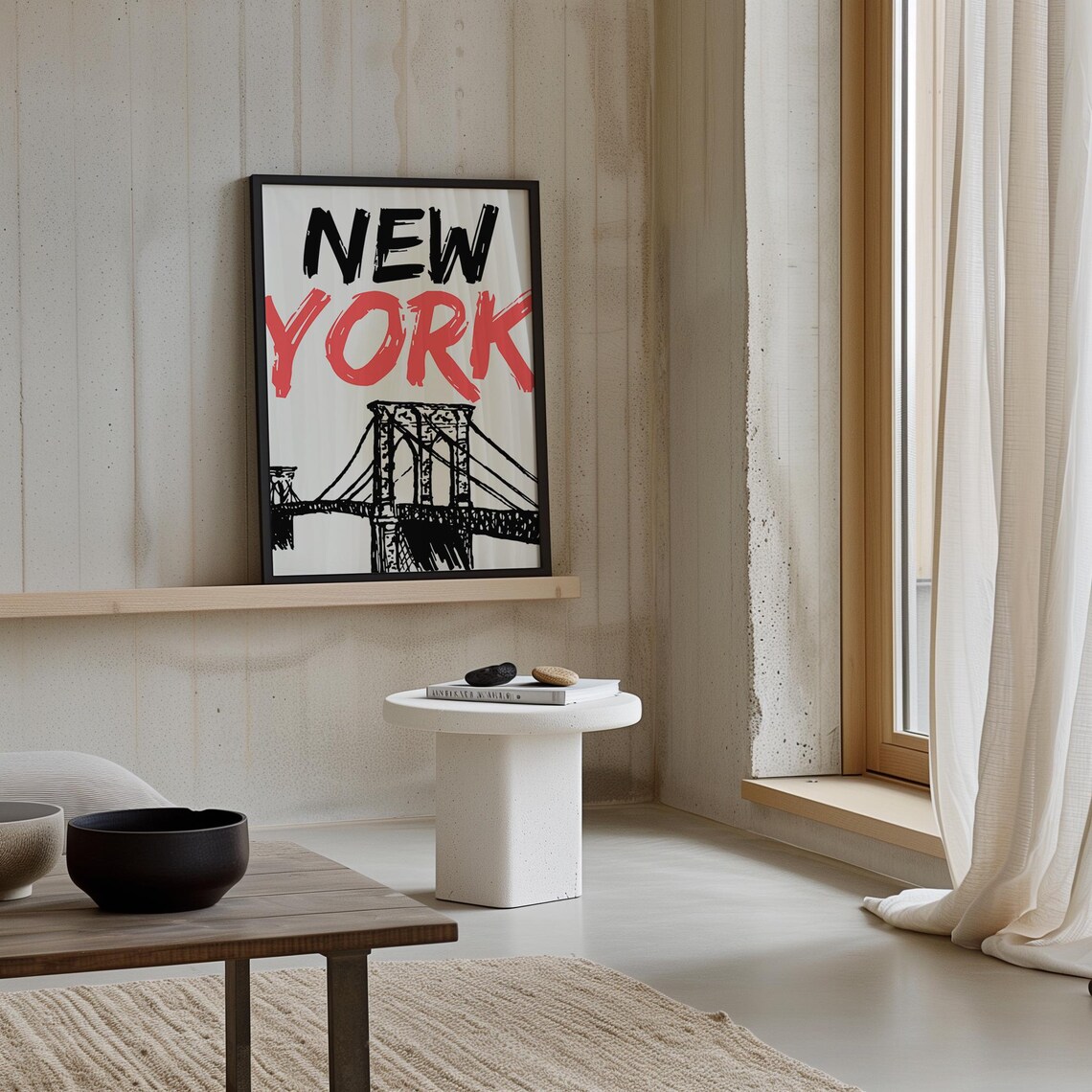 New York City Brooklyn Bridge Red Brush Lettering Sketch Poster - Image 3