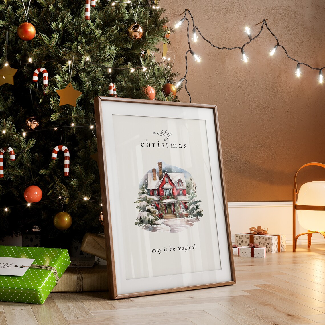 Merry Christmas May It Be Magical Red House Snow Watercolor Poster - Image 4