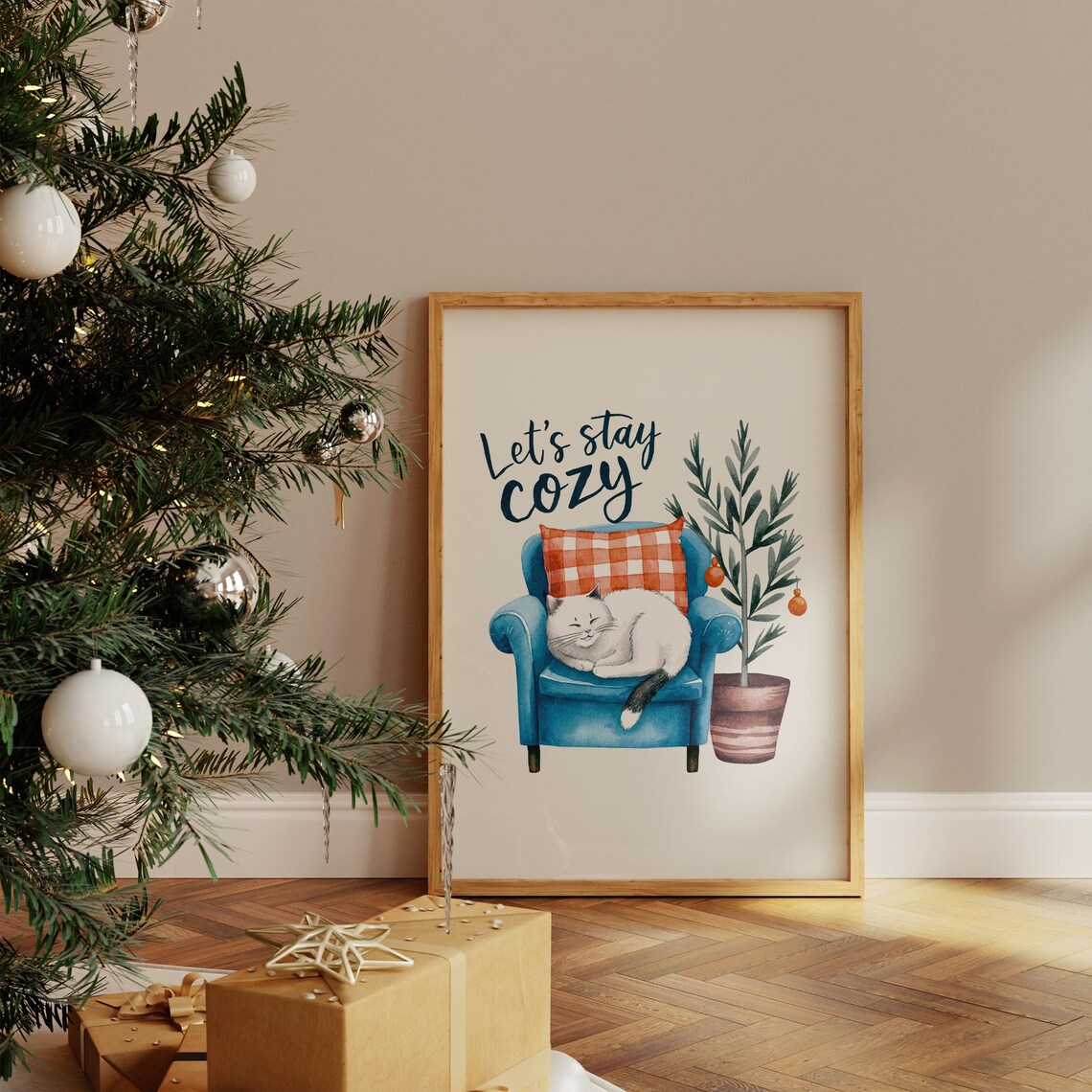 Let's Stay Cozy Sleepy Cat Armchair Winter Cute Animal Poster - Image 3