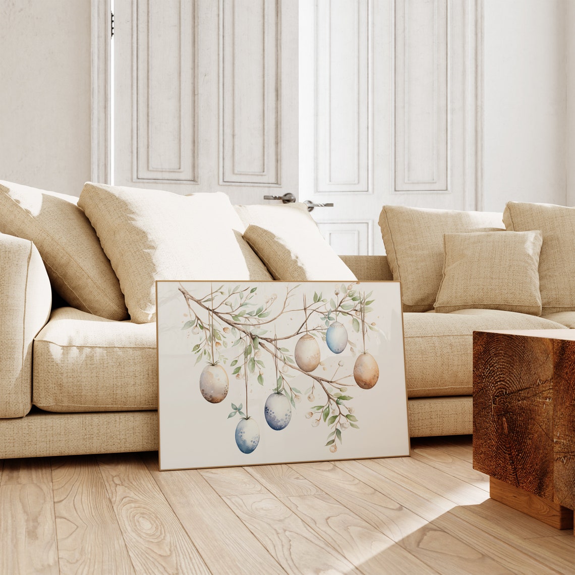 Easter Eggs Hanging From Blossom Branch Neutral Watercolor Poster - Image 3