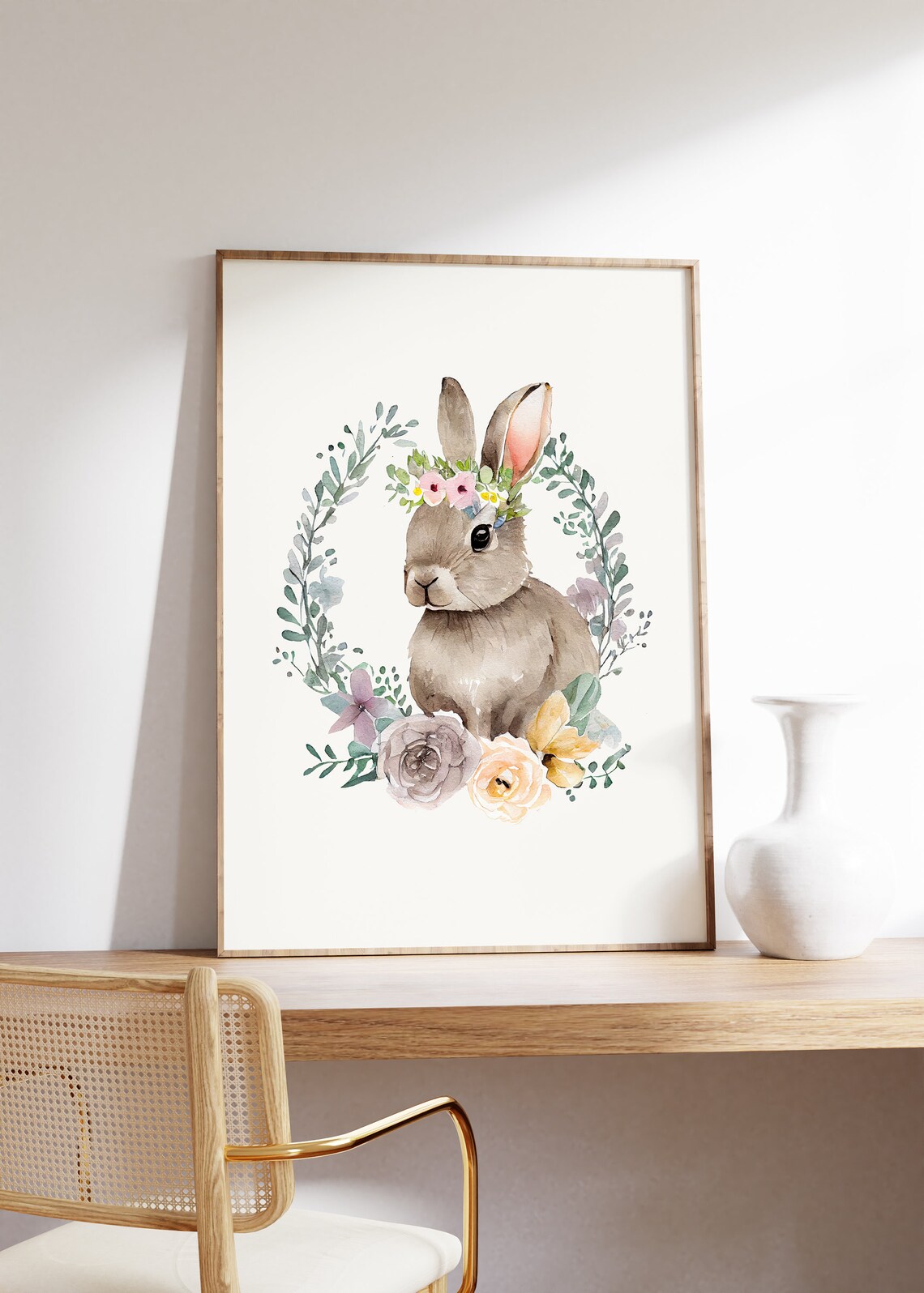 Watercolor Bunny With Flower Crown Inside Floral Wreath Poster - Image 4