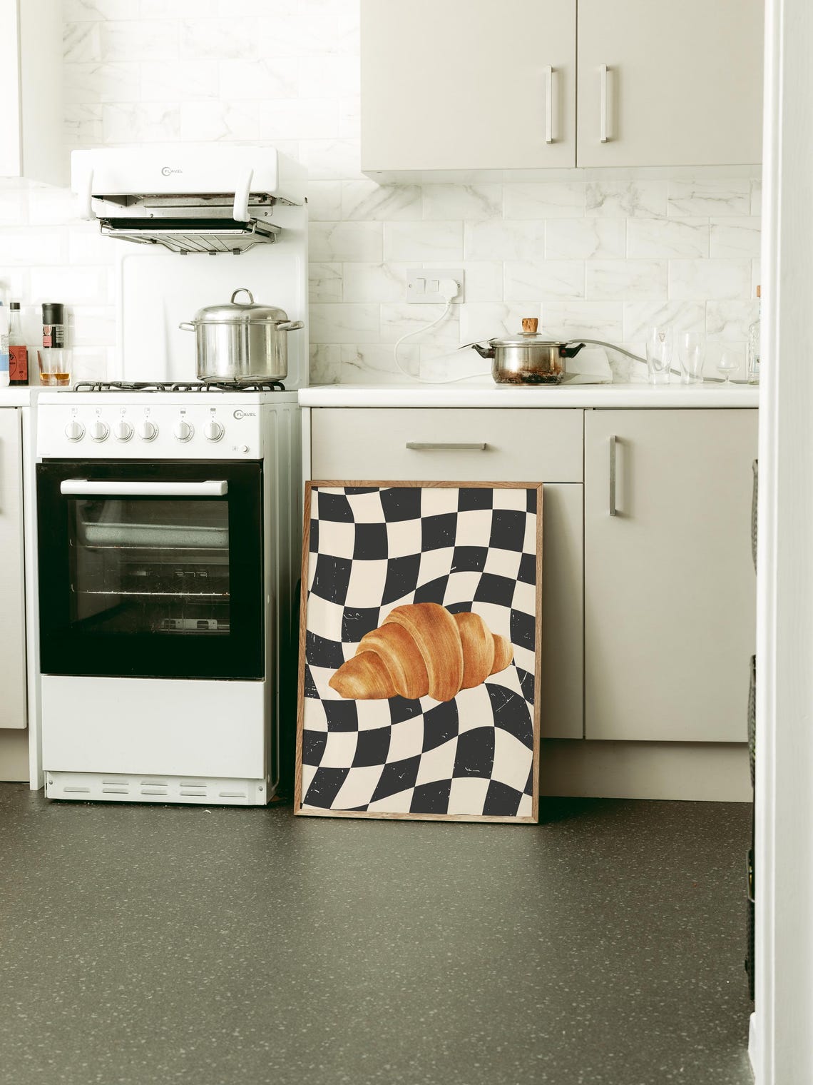 Buttery Croissant On Black Wavy Checkerboard Funky Kitchen Poster - Image 2