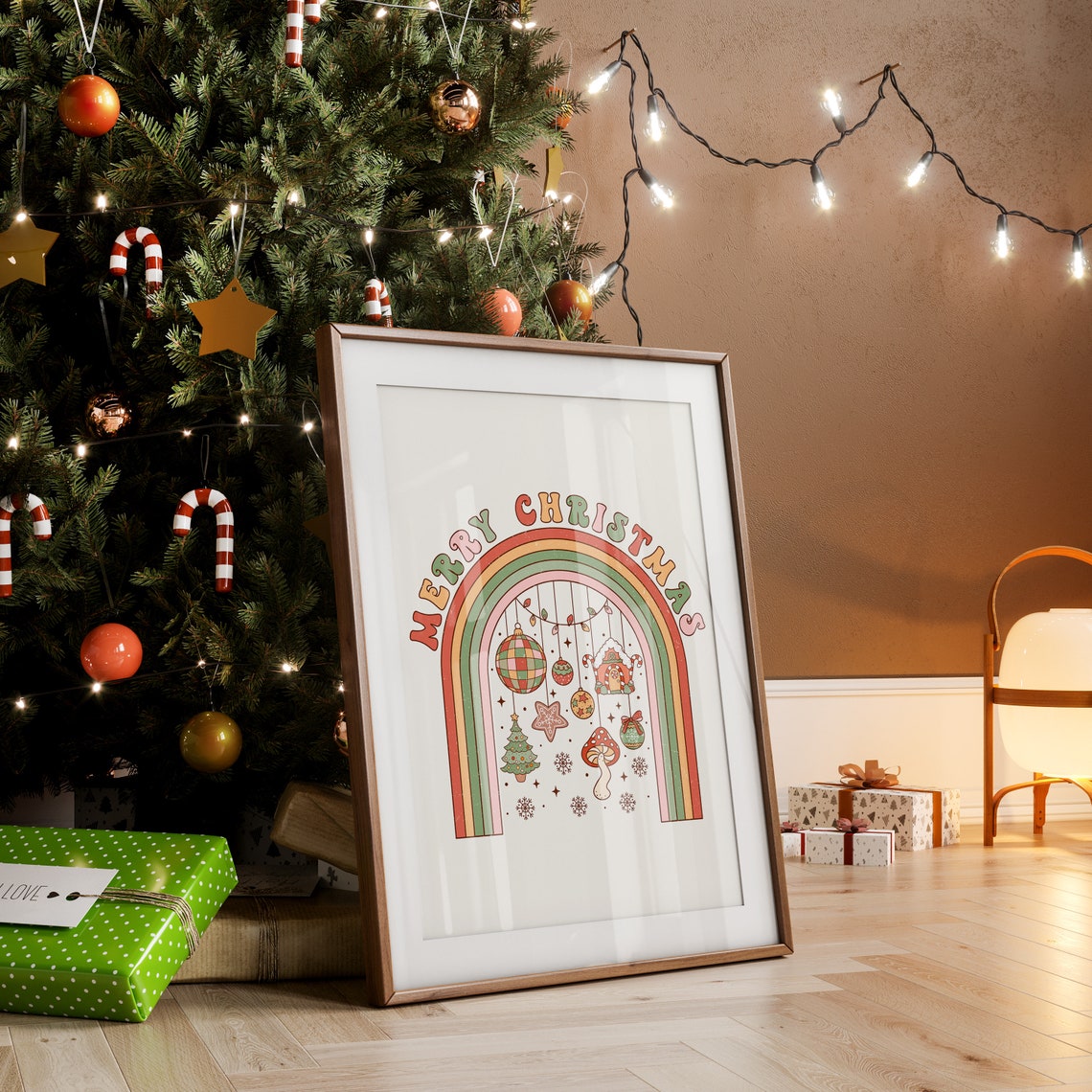 Groovy Merry Christmas Retro Rainbow Ornaments 70s Holiday Poster - Image 4