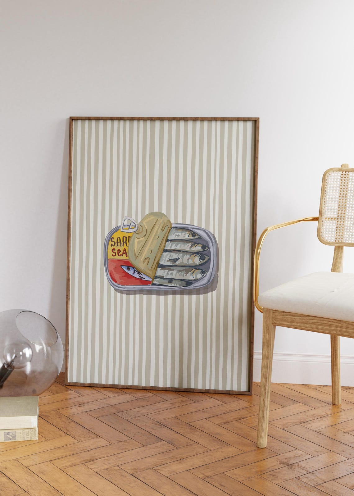Open Sardine Can On Cream Stripes Retro Cute Kitchen Art Poster - Image 3