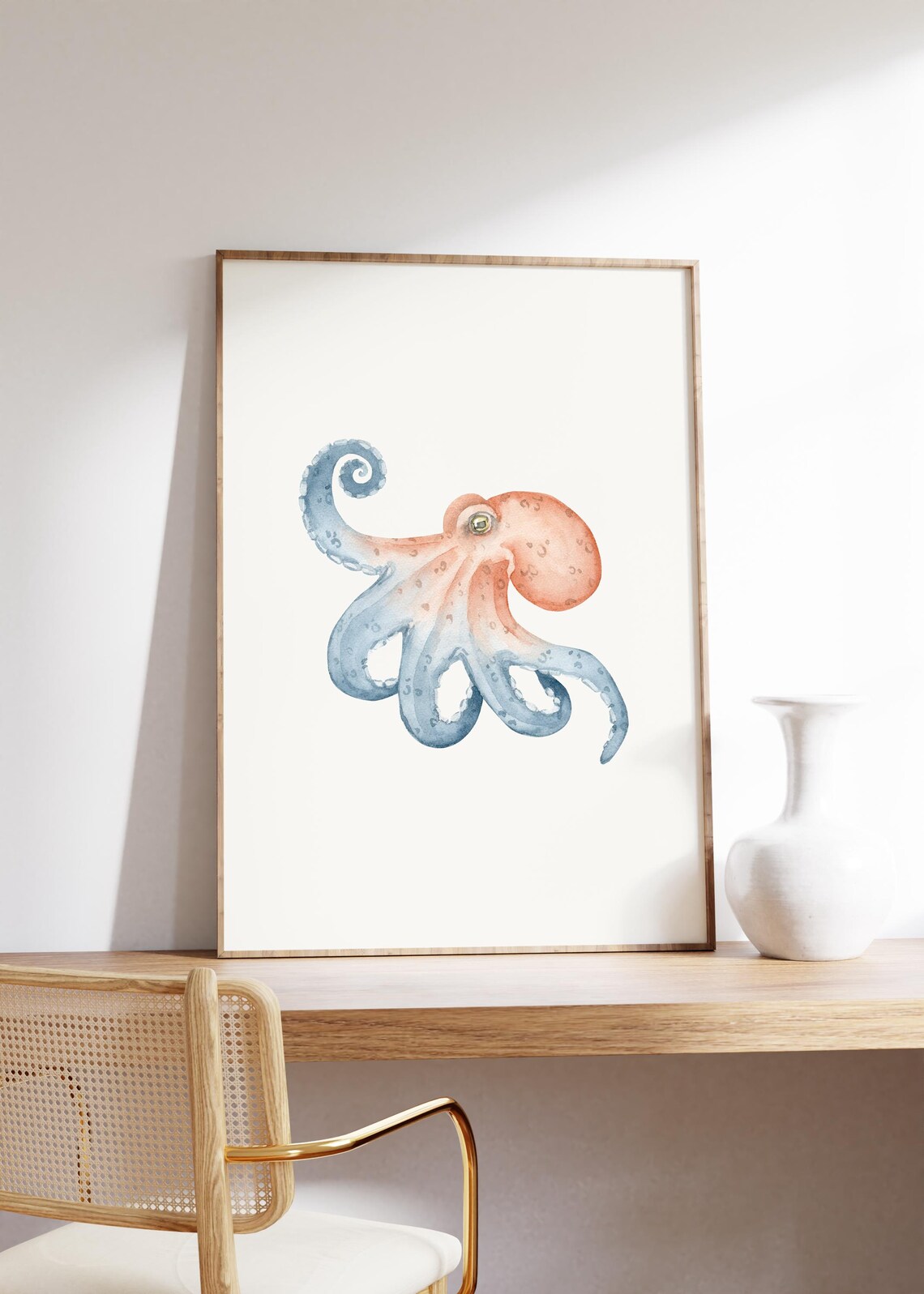 Coral and Blue Watercolor Octopus Curling Tentacles Sea Life Art Poster - Image 3