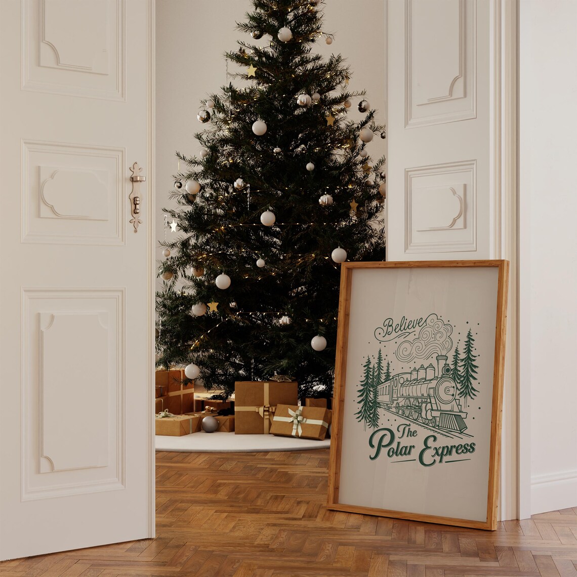 Believe The Polar Express Train Christmas Green Line Art Poster - Image 3