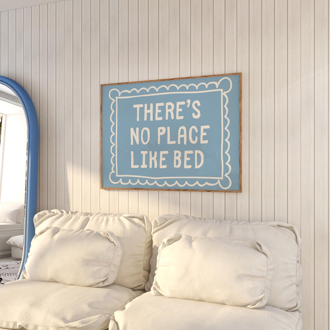 There's No Place Like Bed Blue Quote Poster with Cream Typography - Image 2