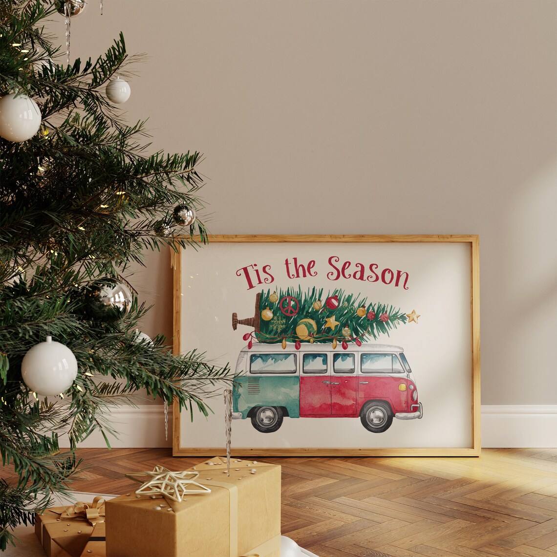 Tis The Season Retro VW Bus Christmas Tree Watercolor Poster - Image 5