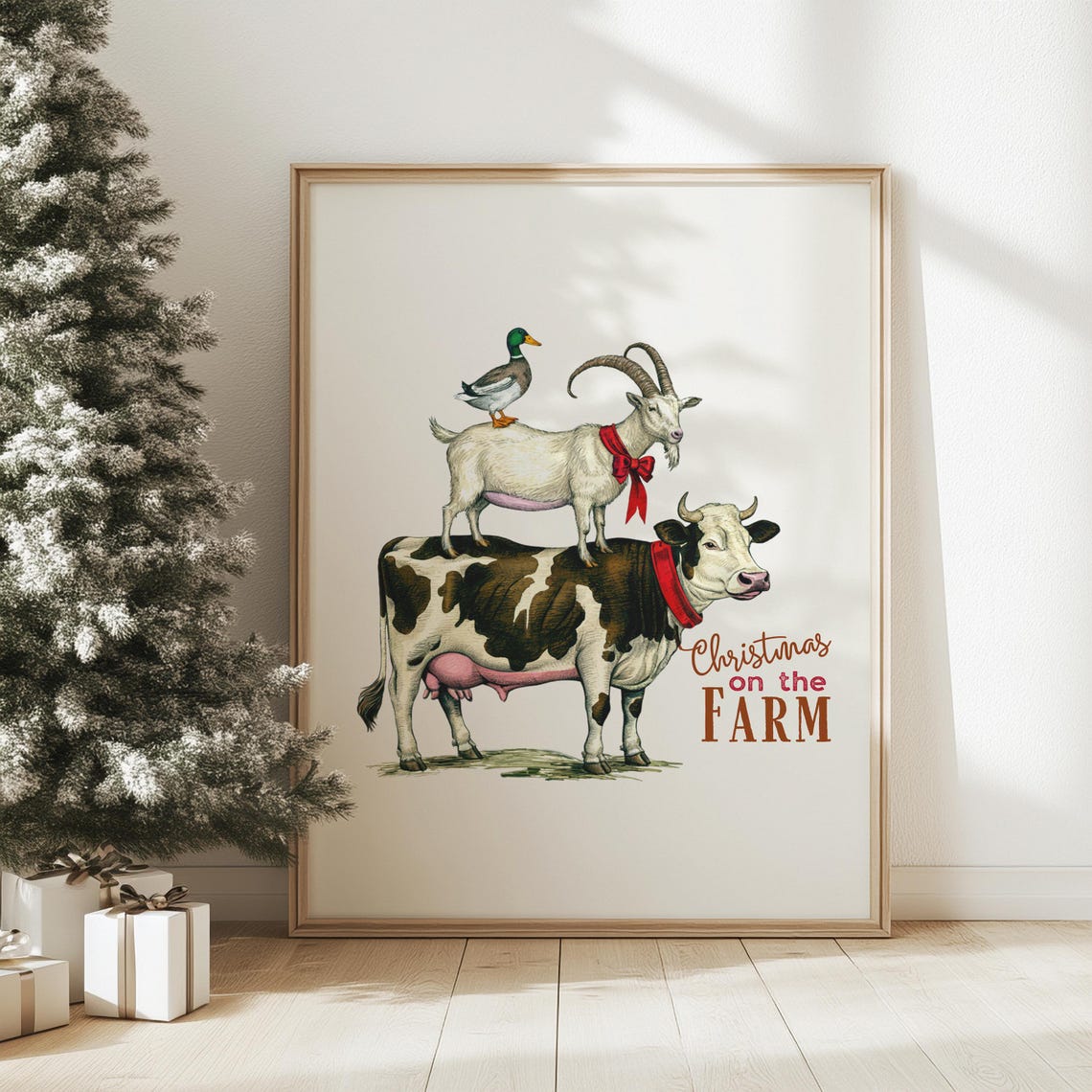 Christmas on the Farm Stacked Cow Goat Duck Animals Art Poster - Image 4