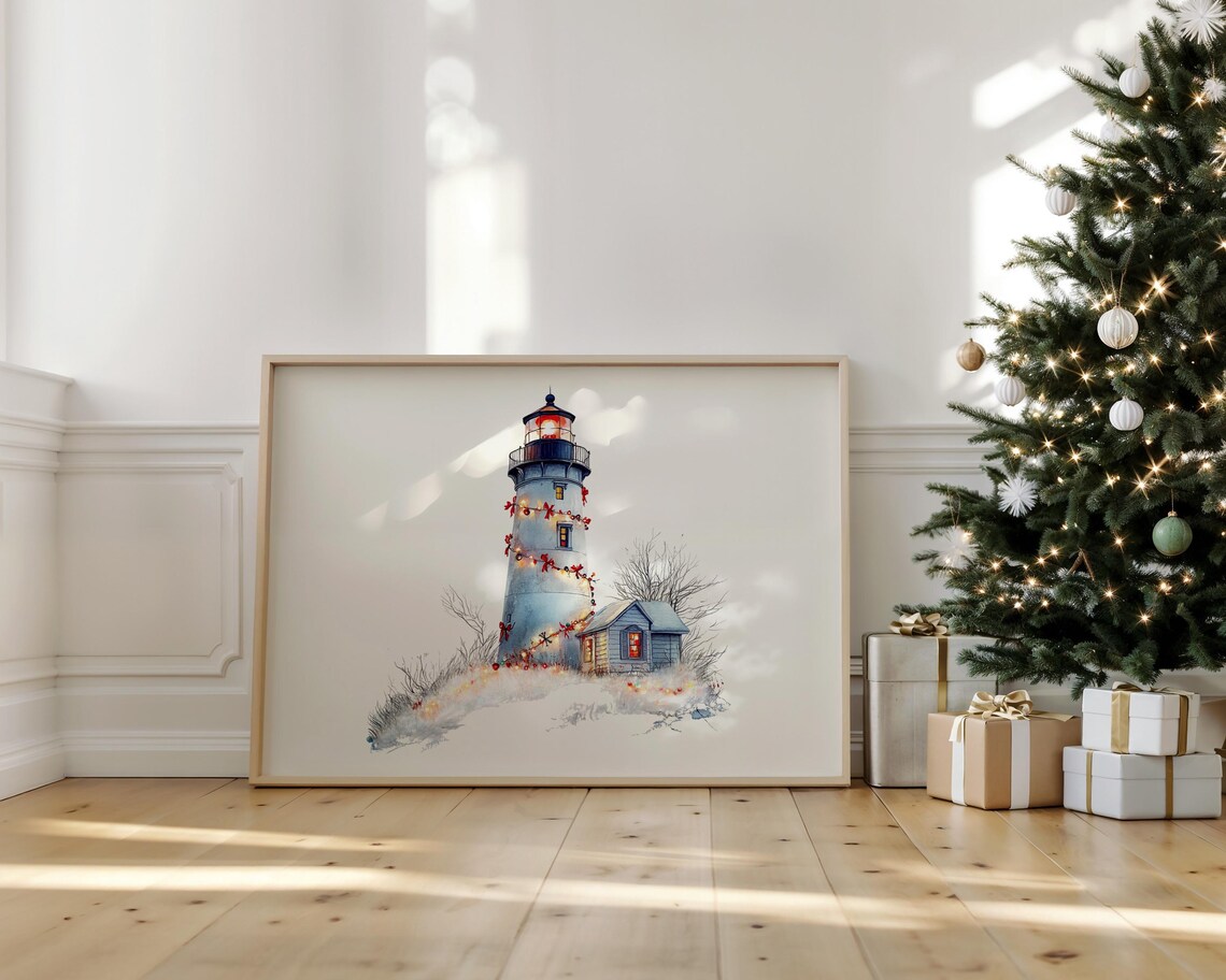 Watercolor Lighthouse Christmas Lights Snowy Coastal Holiday Poster - Image 3