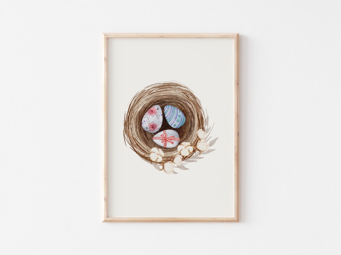 Easter Eggs In Rustic Twine Nest With White Cotton Blossoms Poster - Image 4