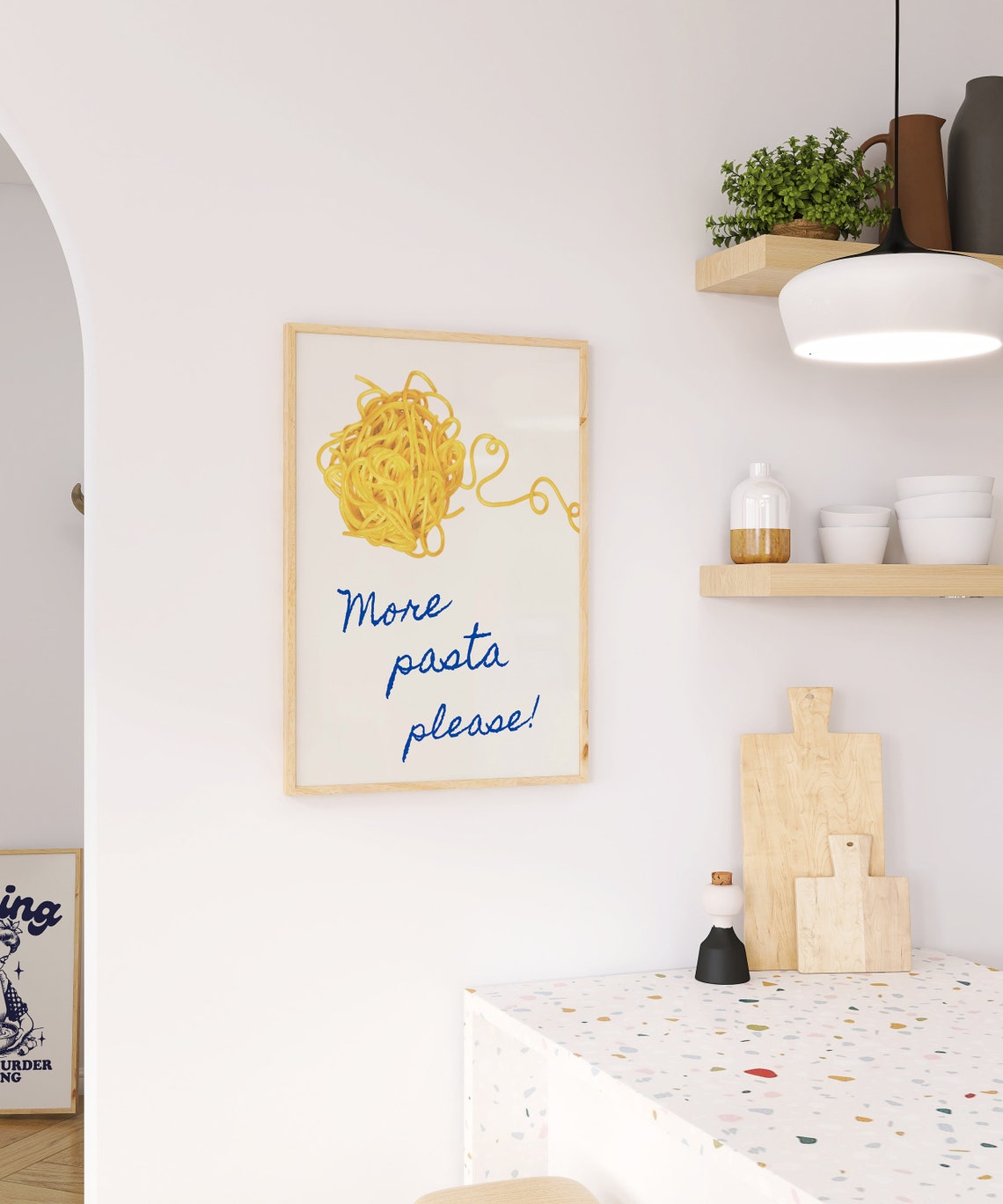 More Pasta Please Spaghetti Blue Script Funny Kitchen Quote Poster - Image 3