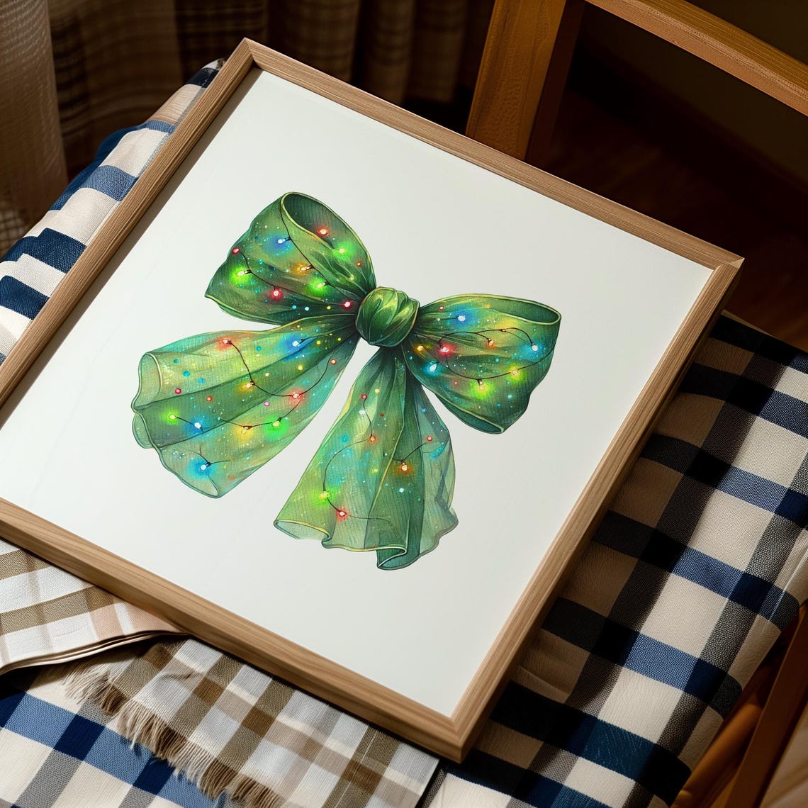 Green Ribbon Bow Wrapped in Christmas Lights Holiday Art Poster - Image 2