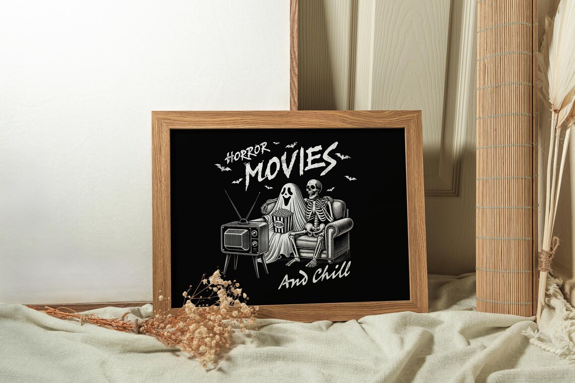 Horror Movies And Chill Ghost Skeleton TV Spooky Halloween Poster - Image 2