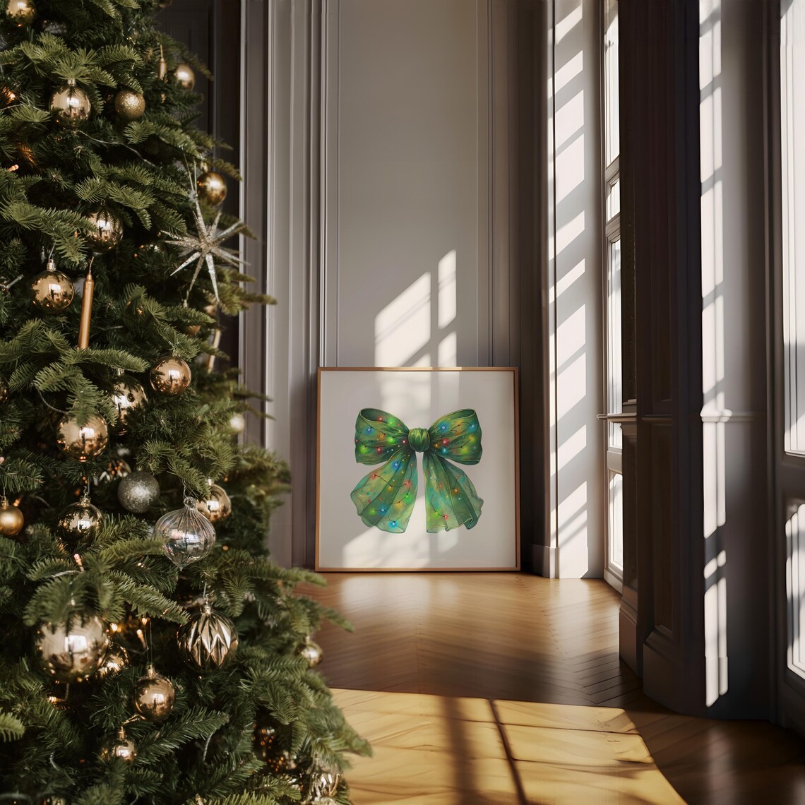 Green Ribbon Bow Wrapped in Christmas Lights Holiday Art Poster - Image 5