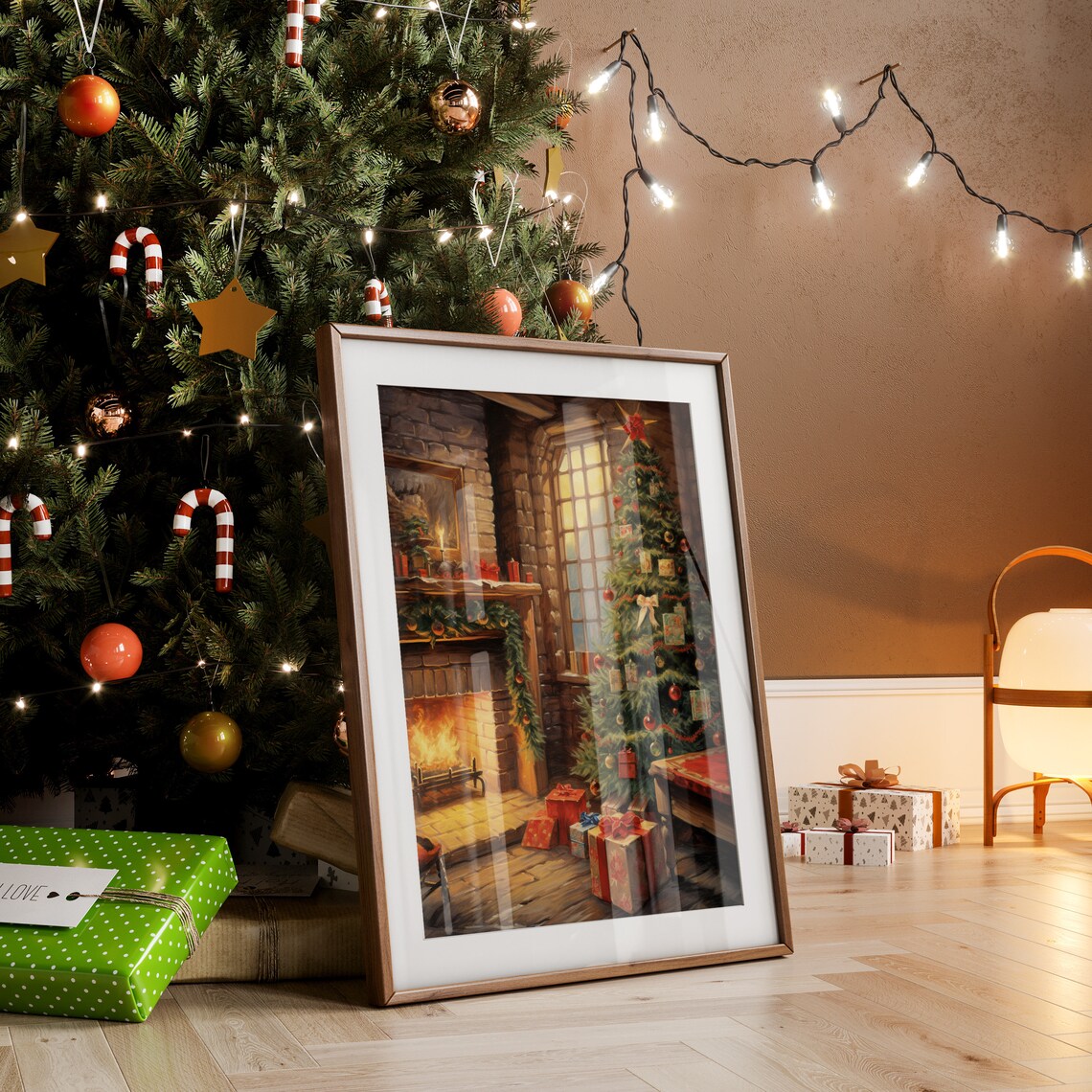 Vintage Christmas Fireplace And Tree Cozy Oil Painting Style Poster - Image 4