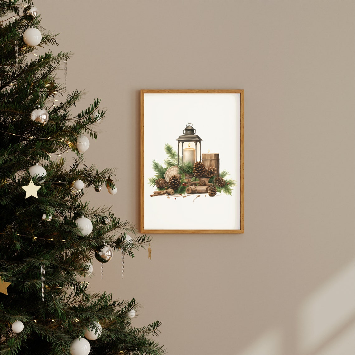 Rustic Christmas Lantern Pinecones Watercolor Holiday Scene Poster - Image 2