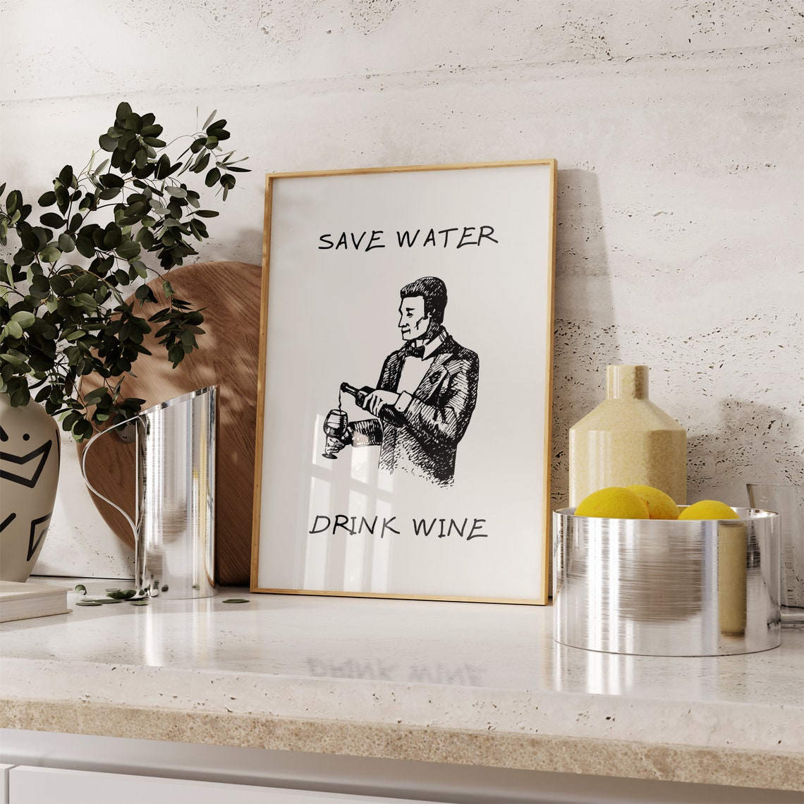 Save Water Drink Wine Vintage Gentleman Pouring Wine Art Poster - Image 3