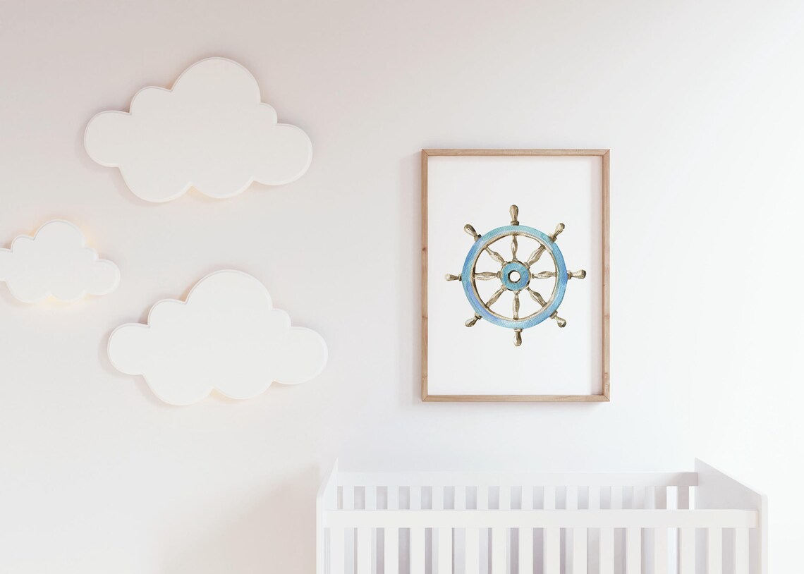 Wooden Ship Wheel Blue Rim Soft Watercolor Classic Nautical Decor Poster - Image 3