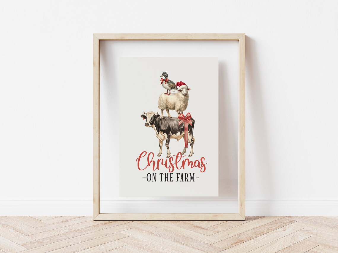 Christmas On The Farm Stacked Cow Sheep And Duck Watercolor Poster - Image 5