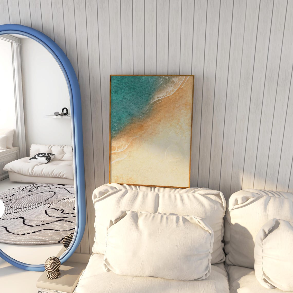 Teal Ocean Diagonal Sweeping Over Golden Sandy Beach Scene Print - Image 3