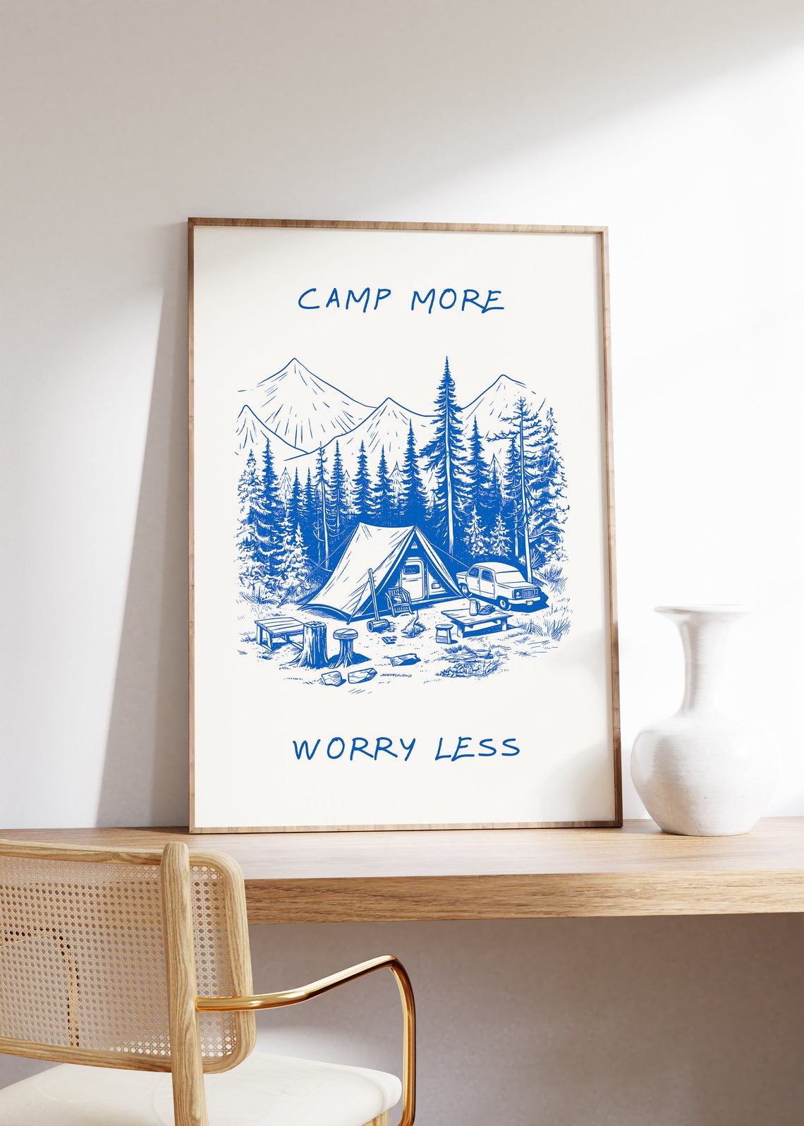 Camp More Worry Less Blue Tent Mountain Camp Scene Camping Poster - Image 2