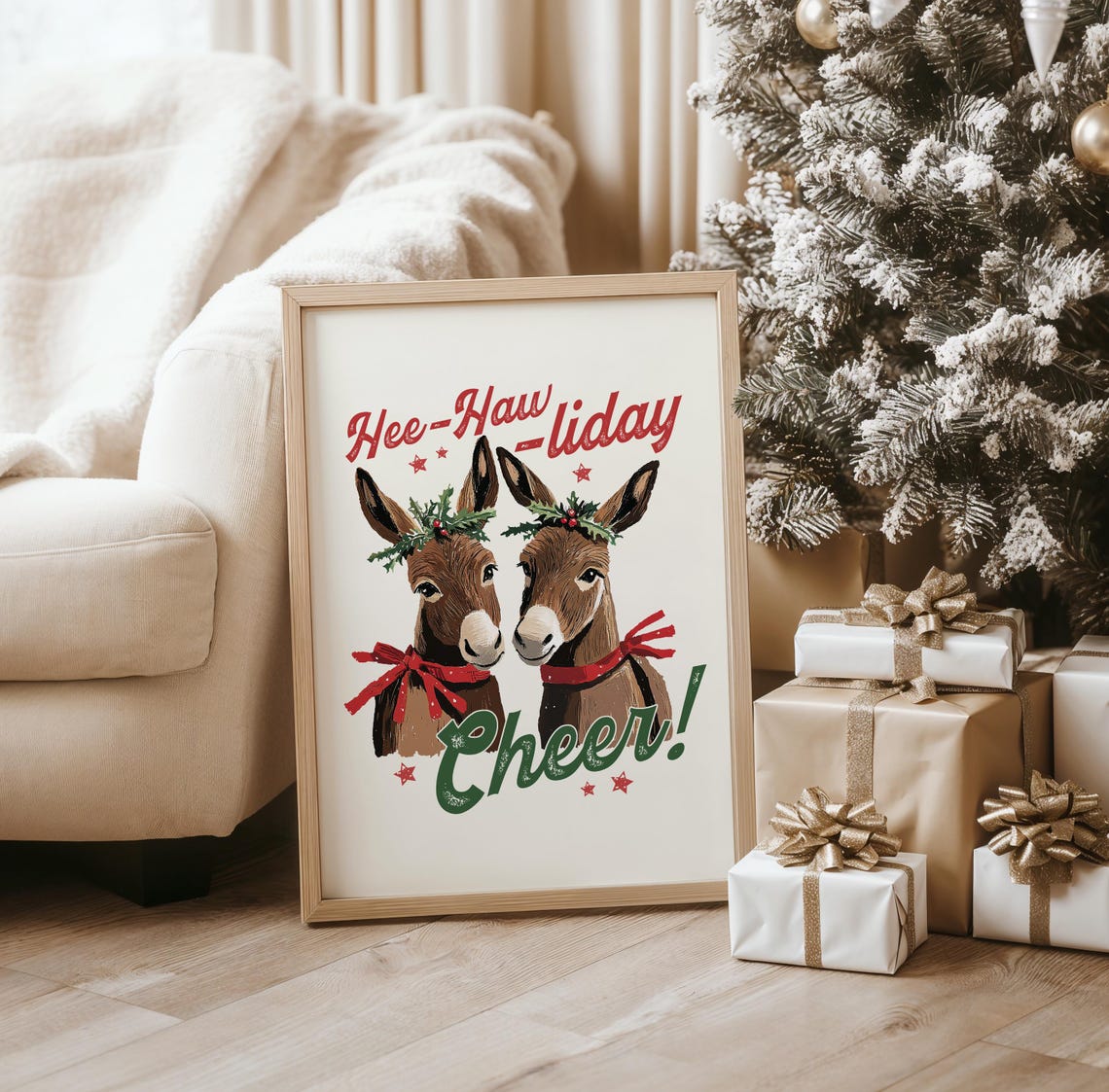 Hee-Haw-liday Cheer Funny Christmas Donkey Watercolor Poster - Image 5