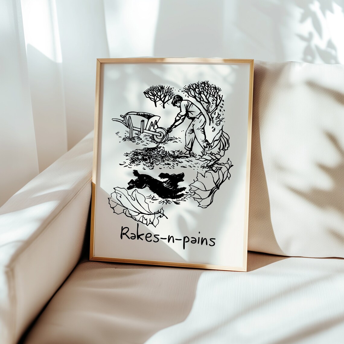 Rakes-n-Pains Funny Fall Leaf Raking Dog Linocut Humor Print - Image 5