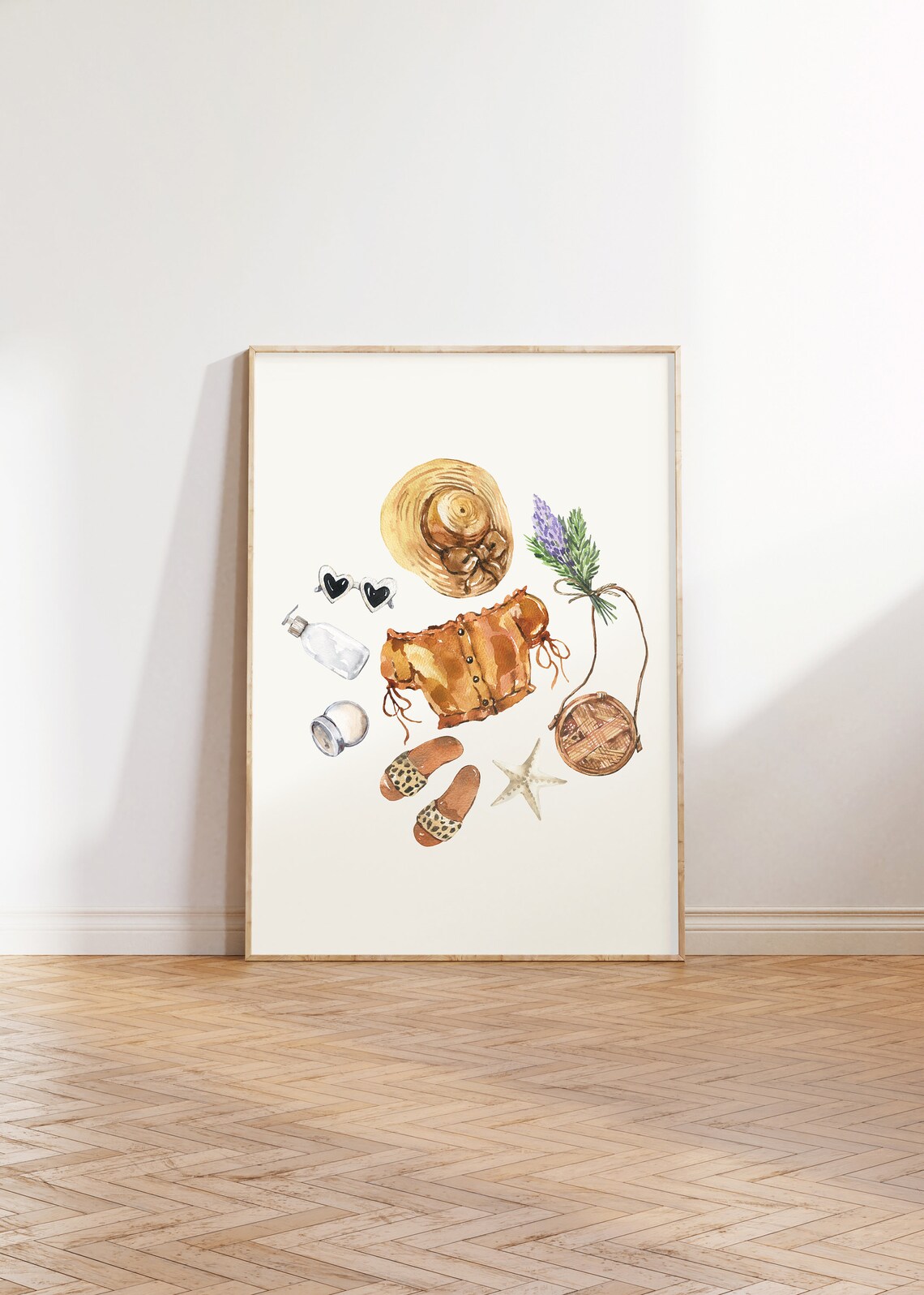 Summer Beach Outfit Amber Cami Leopard Slides Rattan Bag Watercolor Poster - Image 2