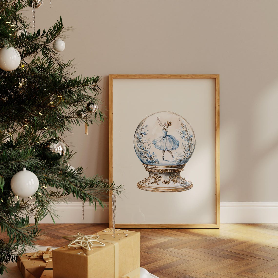 Blue Nutcracker Ballerina Snow Globe Watercolor Christmas Poster - Image 3