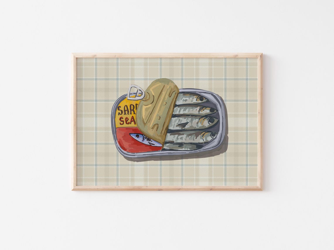 Open Sardine Tin Can On Plaid Retro Food Illustration Poster - Image 3