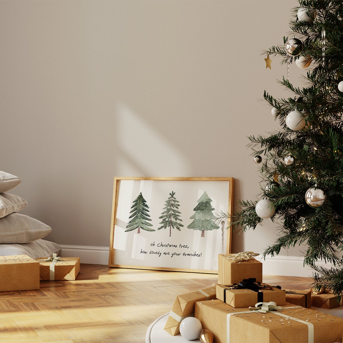 Oh Christmas Tree Watercolor Trio Handwritten Lyric Holiday Print - Image 3