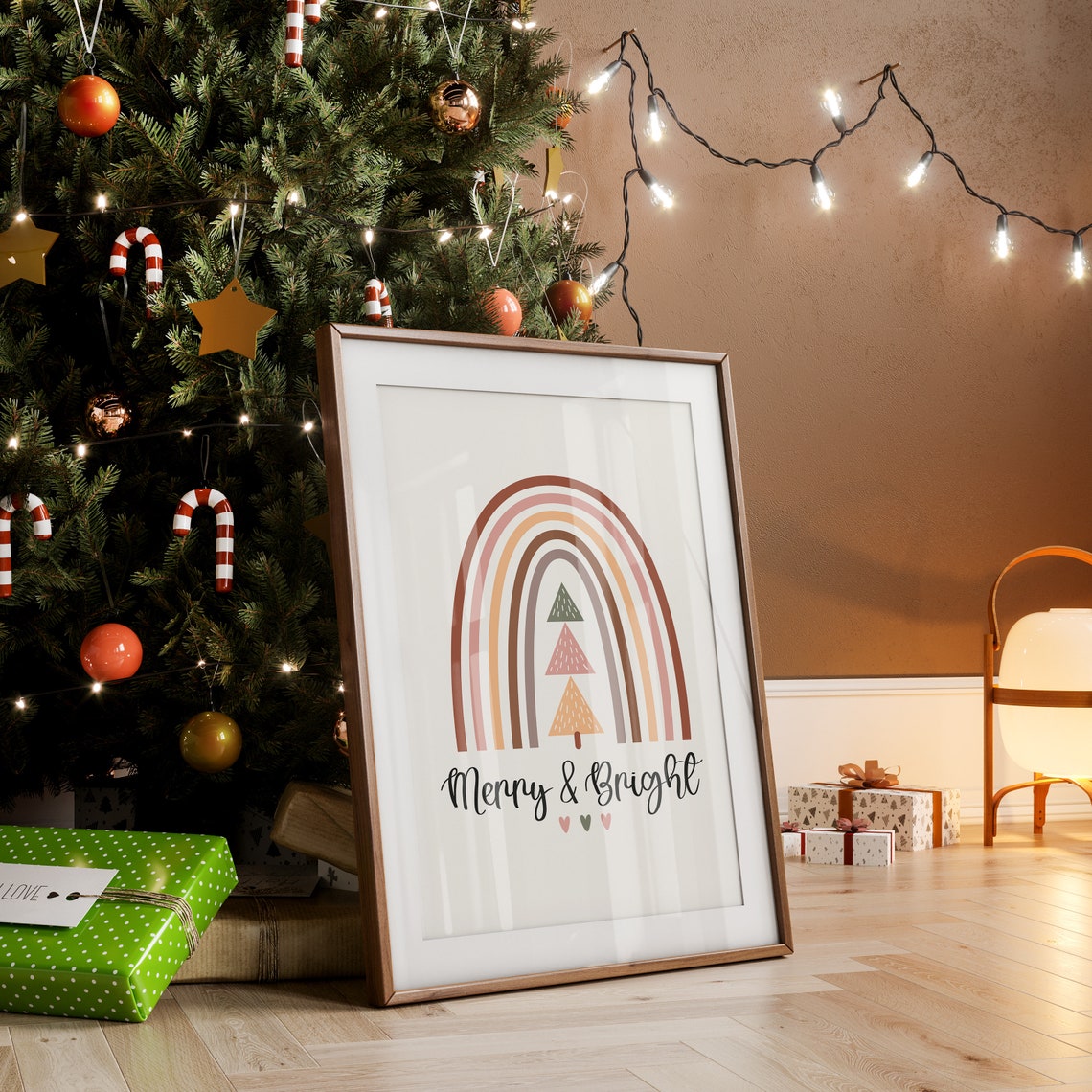 Merry And Bright Boho Rainbow Christmas Tree Minimalist Poster - Image 3