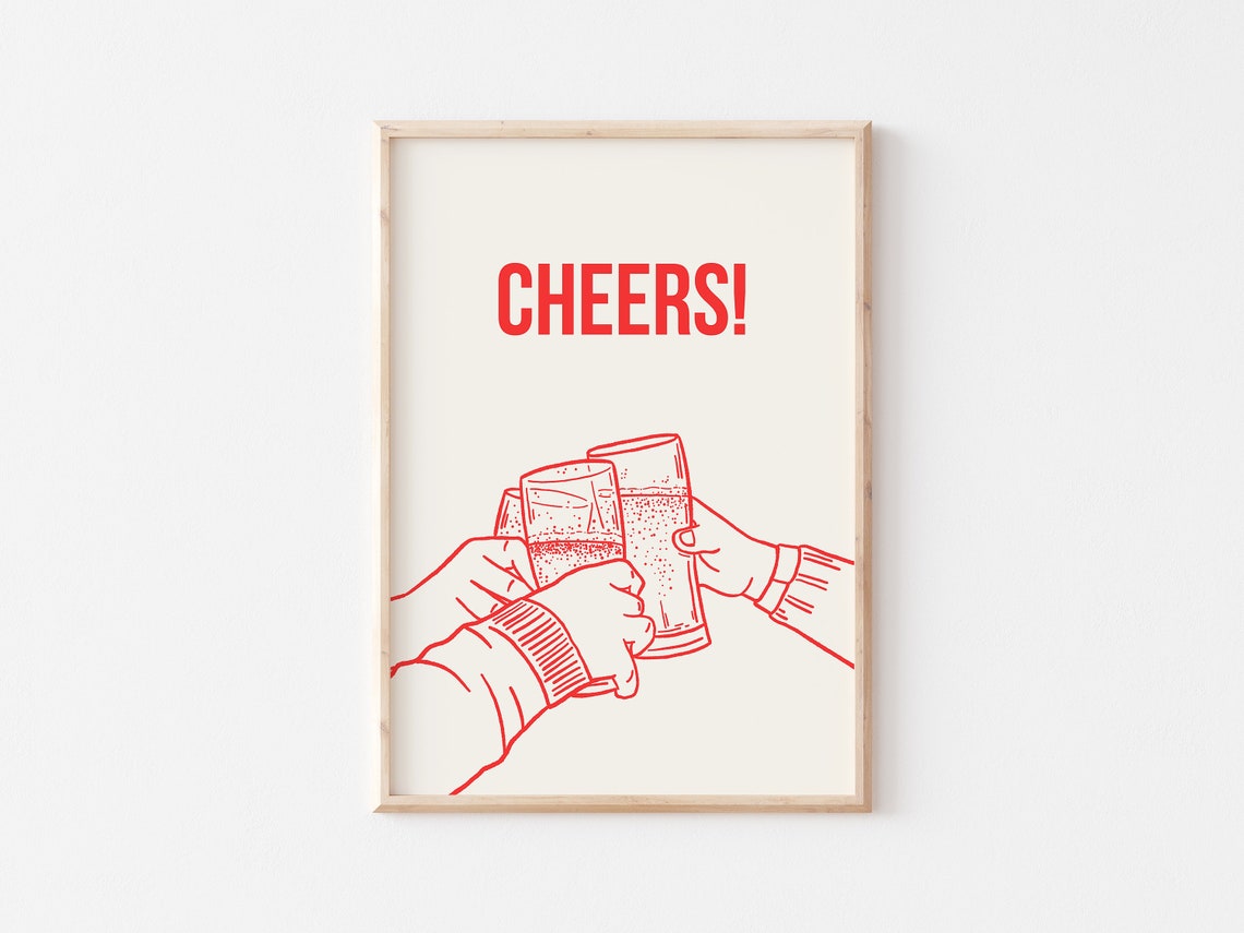 Cheers Red Line Art Beer Glasses Clinking Toast Home Bar Poster - Image 2
