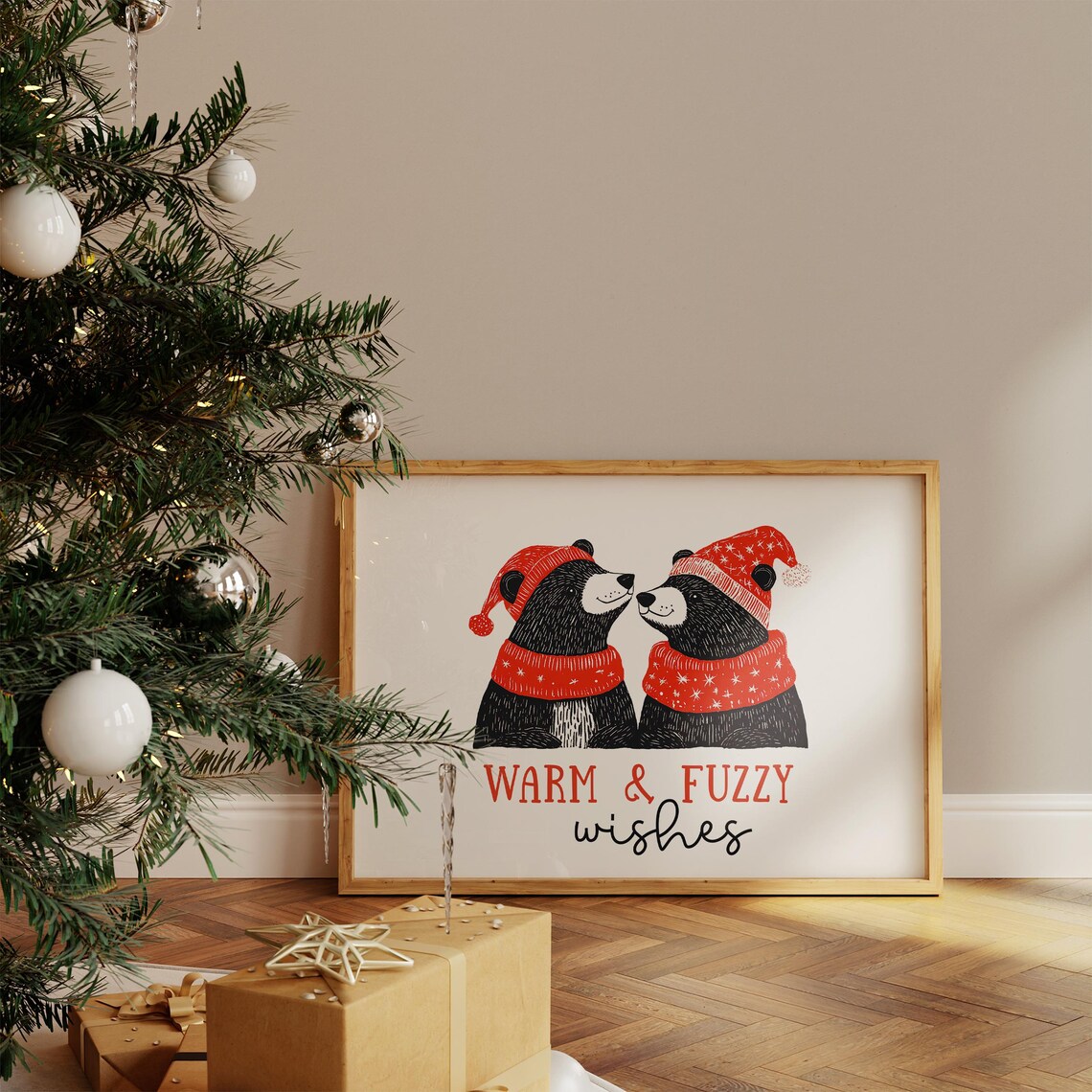 Warm and Fuzzy Wishes Bears in Santa Hats Red Christmas Poster - Image 2