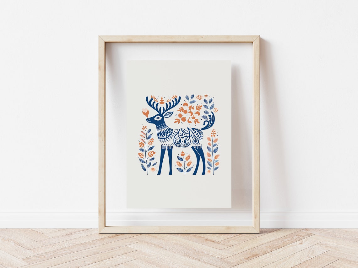 Scandinavian Folk Deer Navy Botanical Winter Forest Art Poster - Image 5