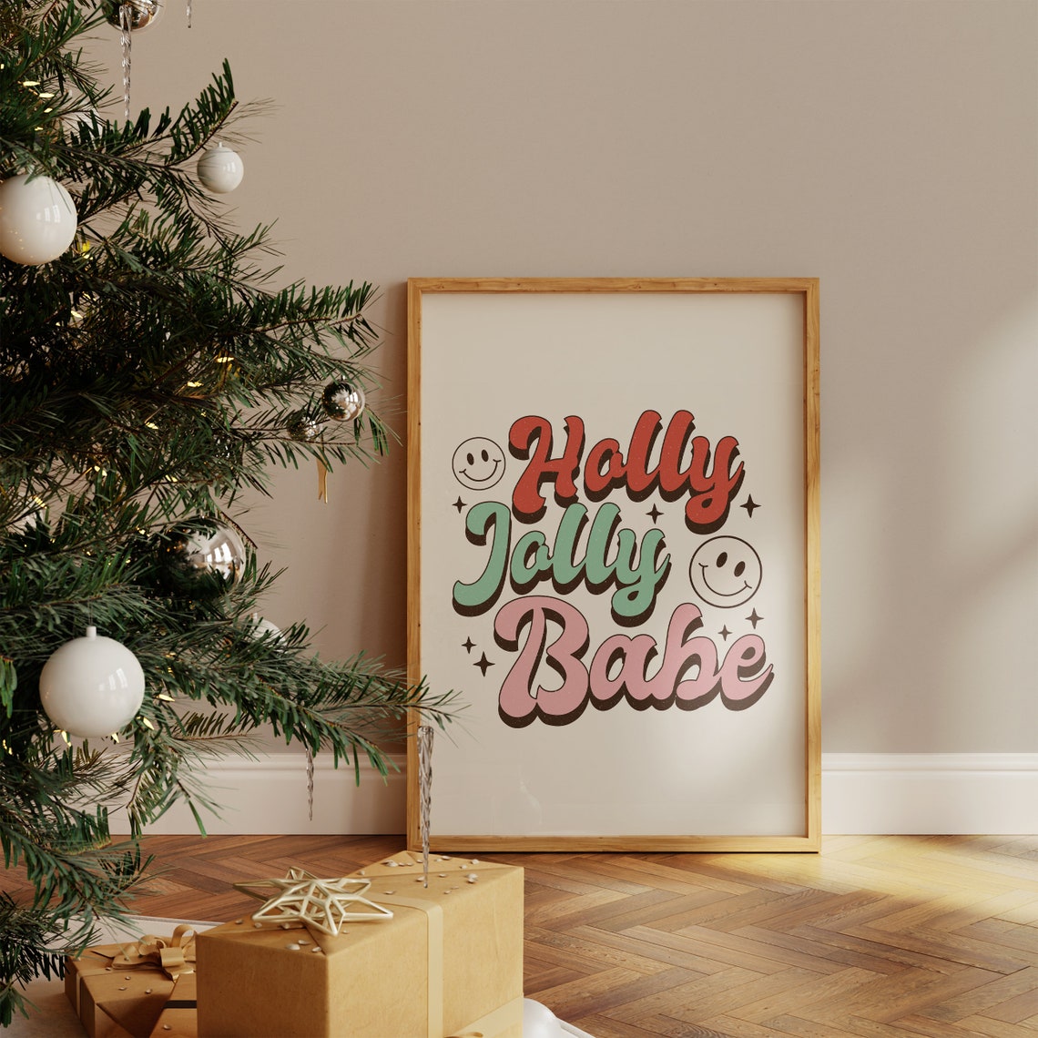 Holly Jolly Babe Retro Bubble Letters Smiley Faces Fun Poster - Image 4