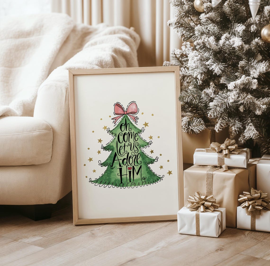 Oh Come Let Us Adore Him Whimsy Watercolor Christmas Tree Poster - Image 3