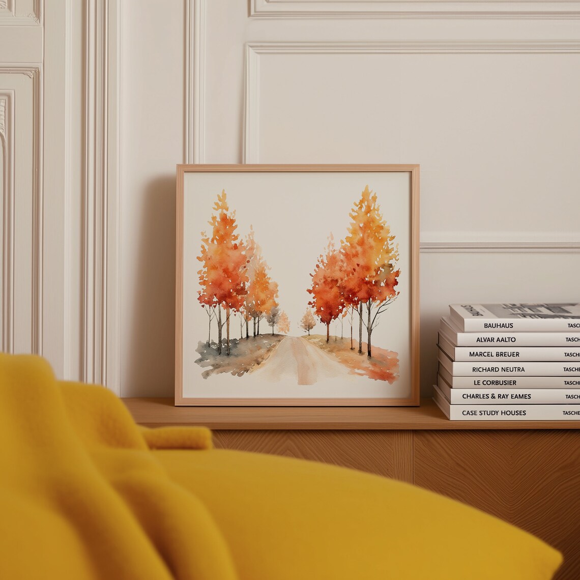 Watercolor Autumn Road Lined With Fiery Orange Trees Scene Poster - Image 3