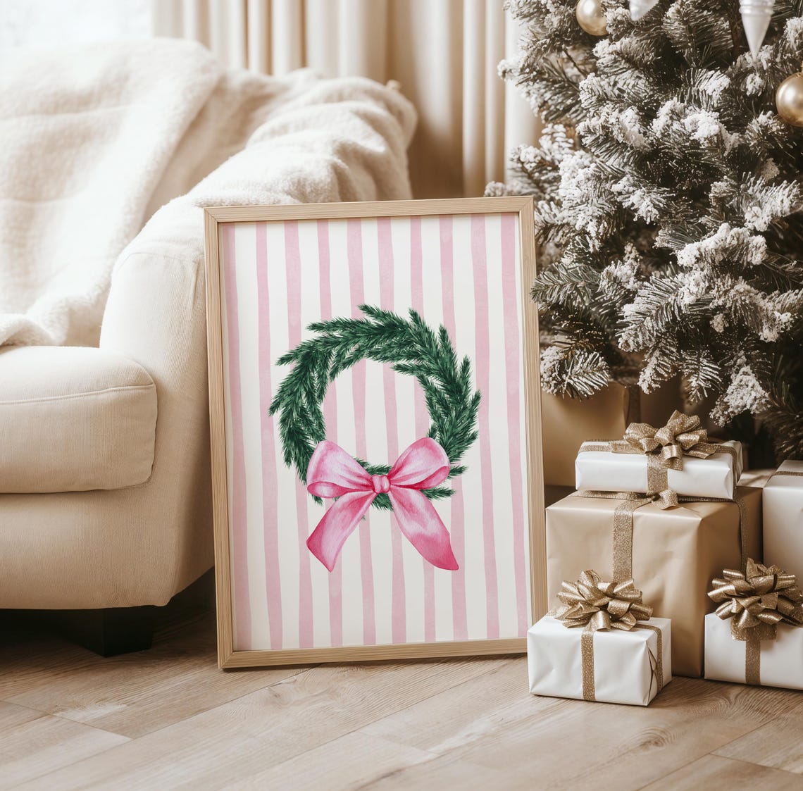 Pink Bow Christmas Wreath Watercolor Poster on Striped Background - Image 2