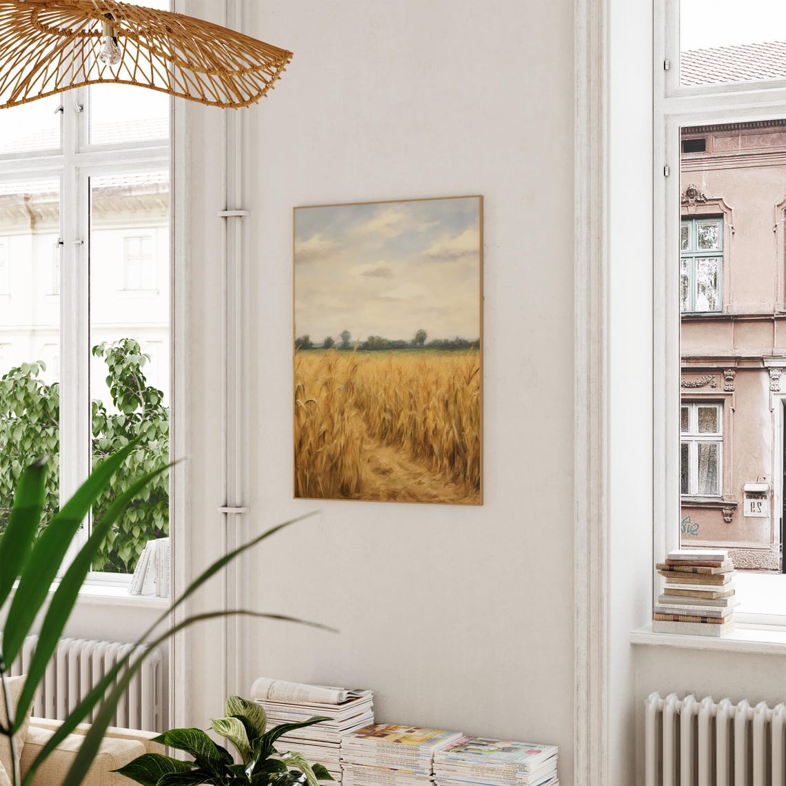 Golden Wheat Field Under Soft Cloudy Sky Vintage Landscape Poster - Image 3