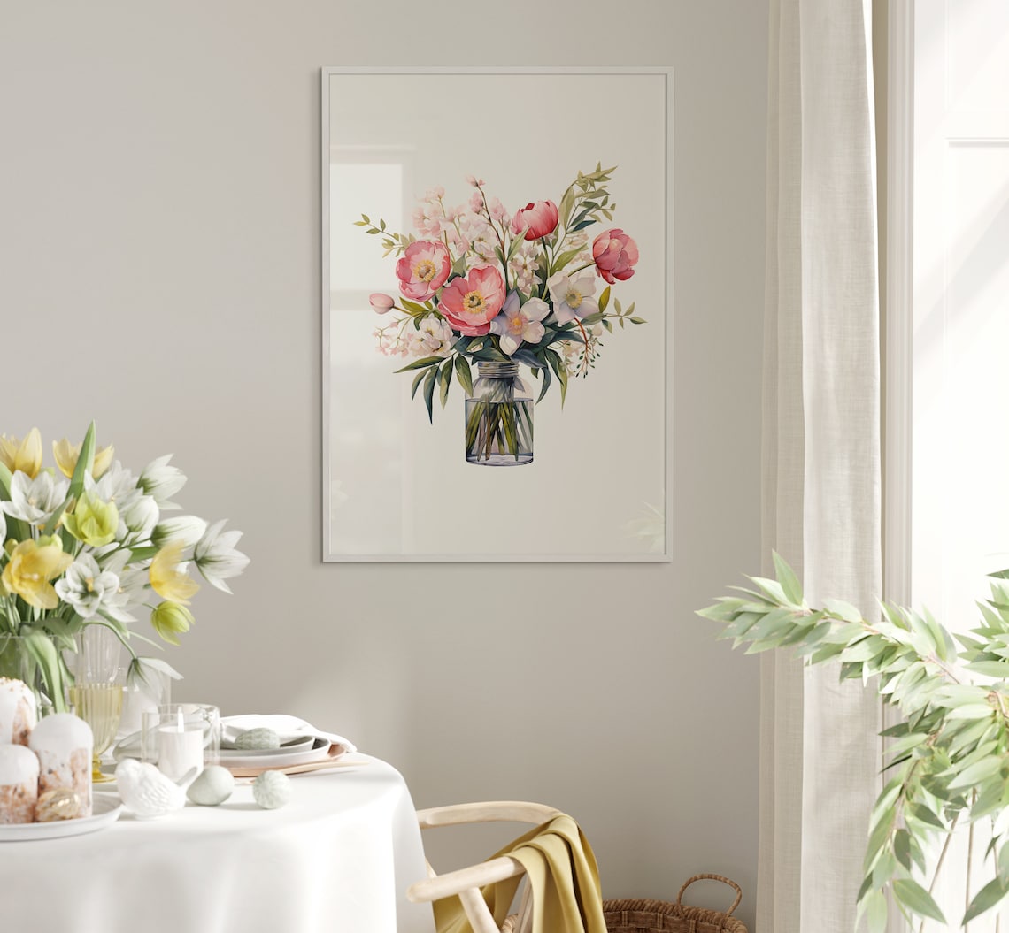 Pink Peonies and White Blossoms in a Glass Jar Watercolor Poster - Image 5