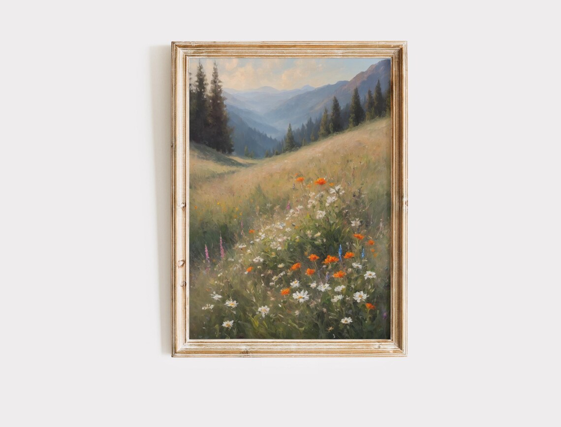 Mountain Wildflower Meadow Pines Vintage Style Landscape Poster - Image 2