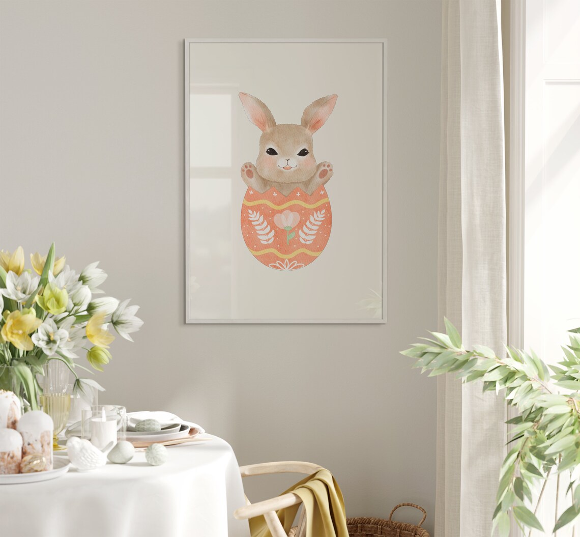 Cute Baby Bunny Popping Out Of Coral Easter Egg Watercolor Poster - Image 5
